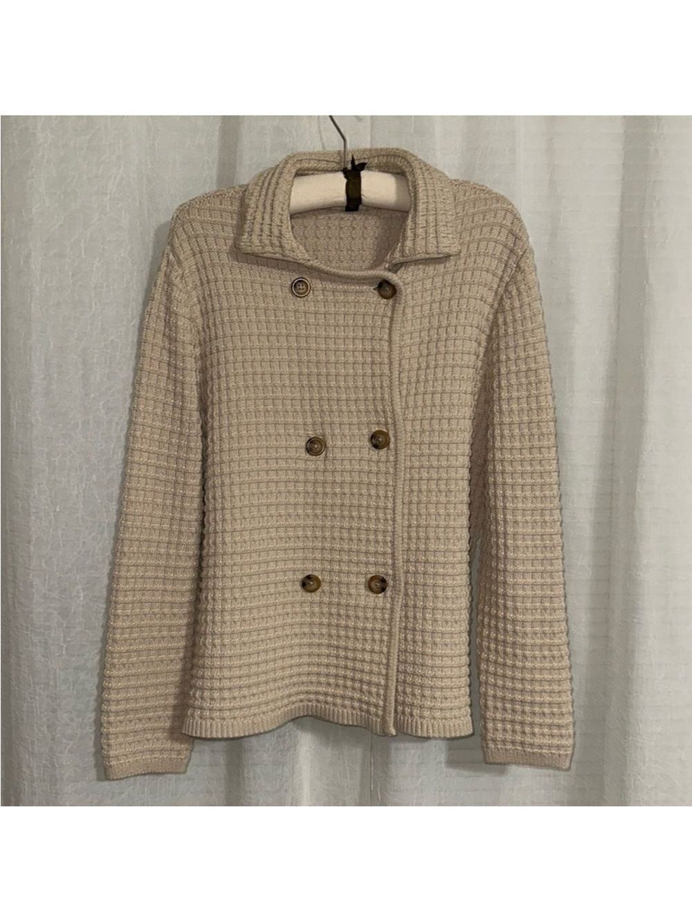 Ann Taylor XL Light Brown Tan Knit Double Breasted Collared Sweater Jacket